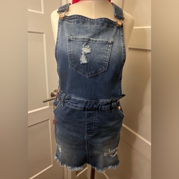 CELEBRITY PINK DISTRESSED DENIM OVERALL DRESS *like new* - Picture 4 of 12